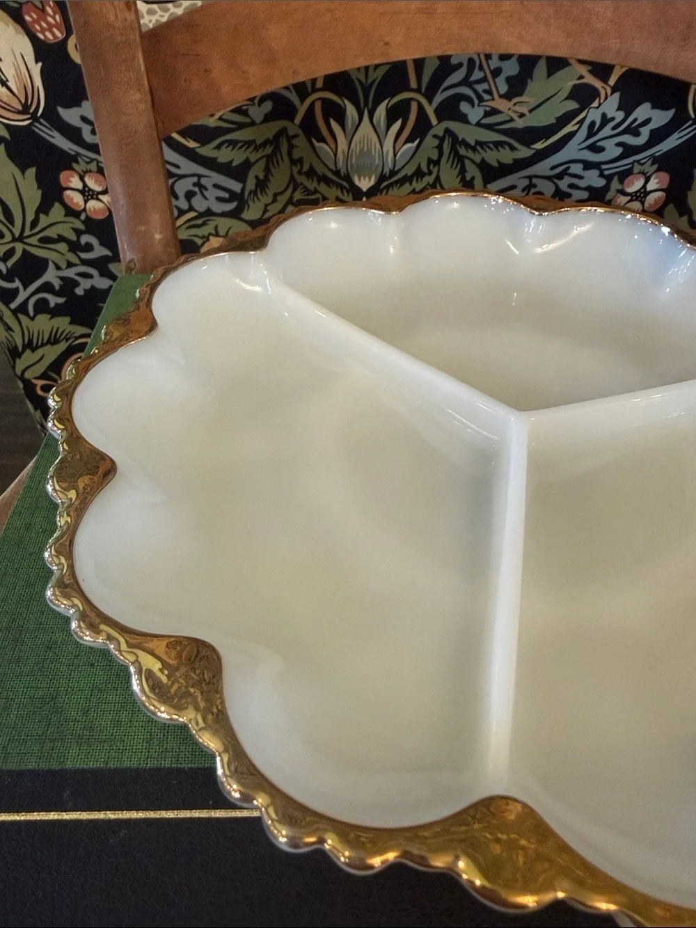 Anchor Hocking Milk Glass Divided Relish Dish 22k Gold Trim Scalloped Edge